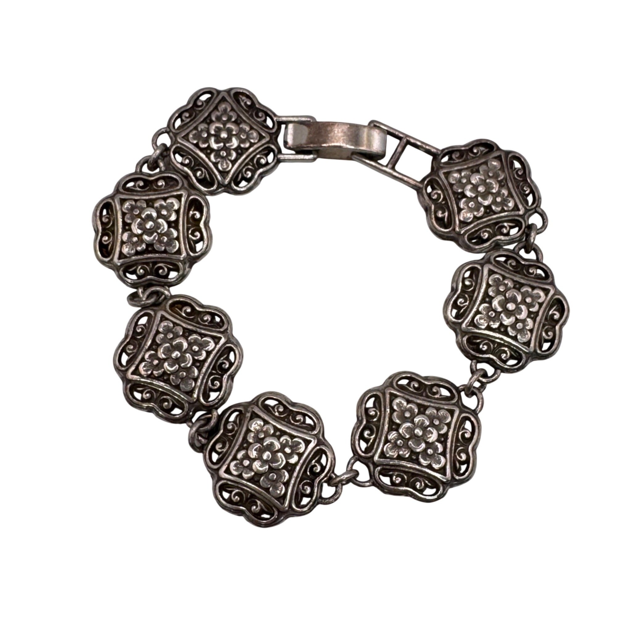 Brighton Silver-Tone Floral Bracelet Scroll Link In Original Heart Tin Box 7"