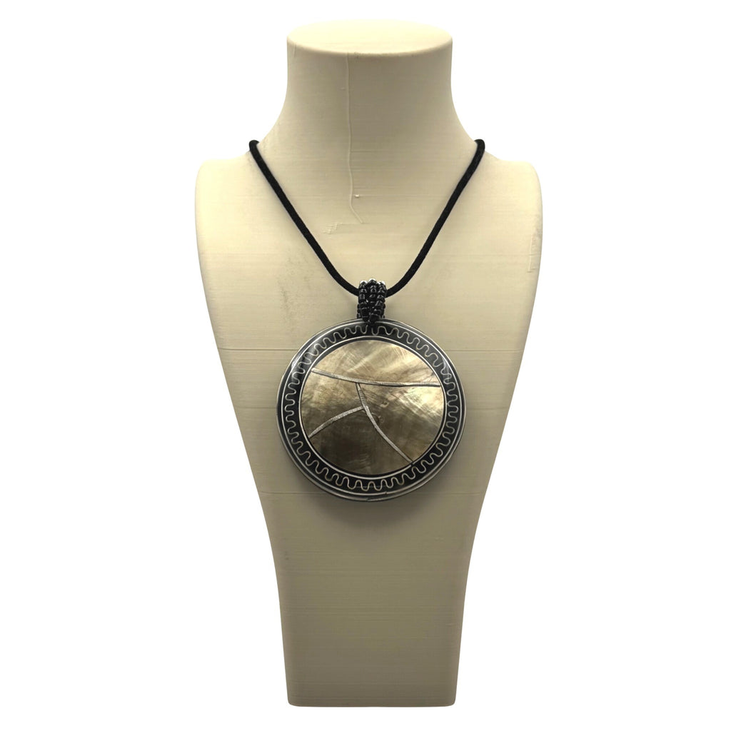 Sterling Mother of Pearl Black Onyx Inlay Shell Pendant Necklace Cord Statement