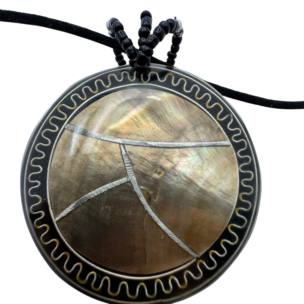 Sterling Mother of Pearl Black Onyx Inlay Shell Pendant Necklace Cord Statement