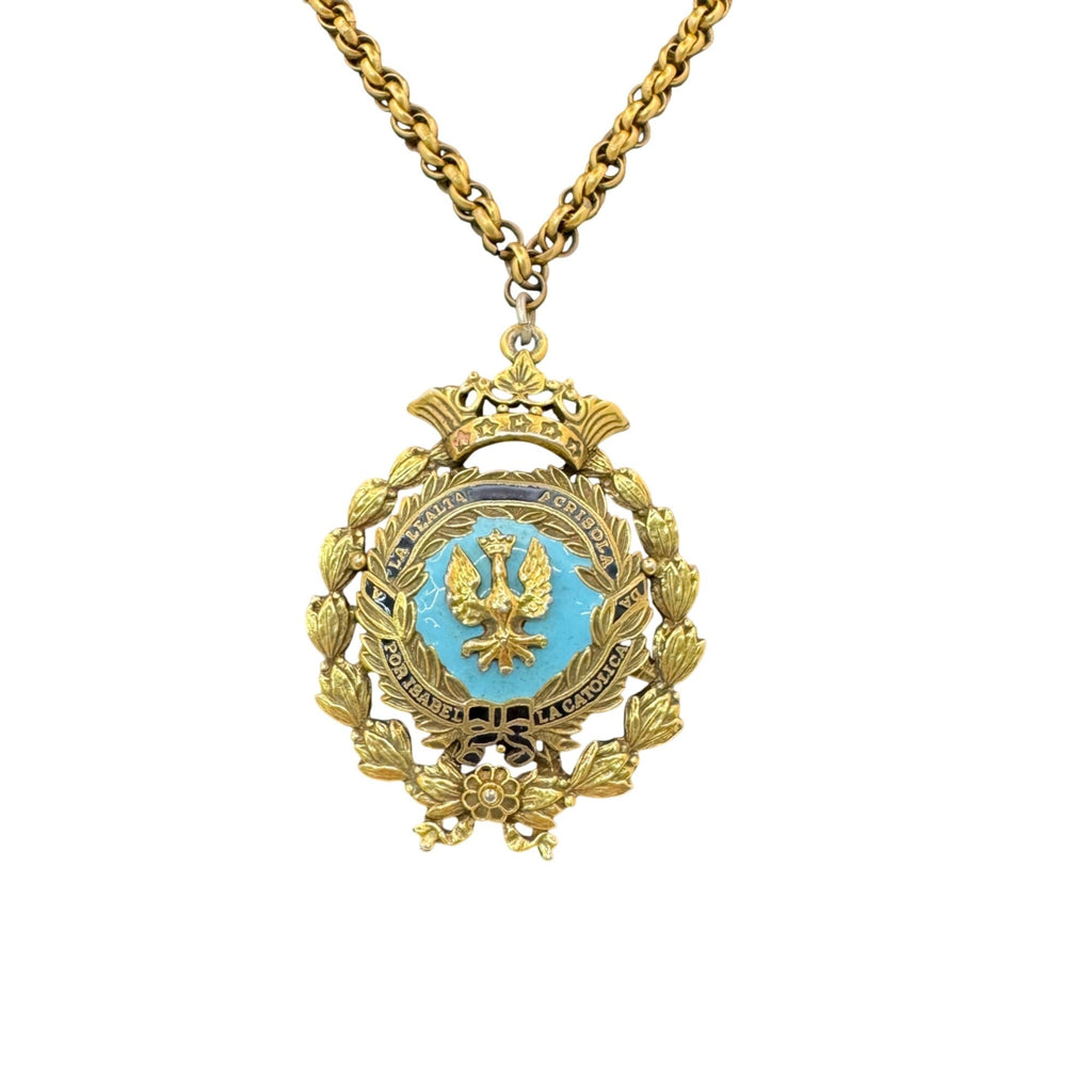 Enamel CORO Crown Eagle Pendant Enamel Isabel Catolica Spain Medallion Necklace