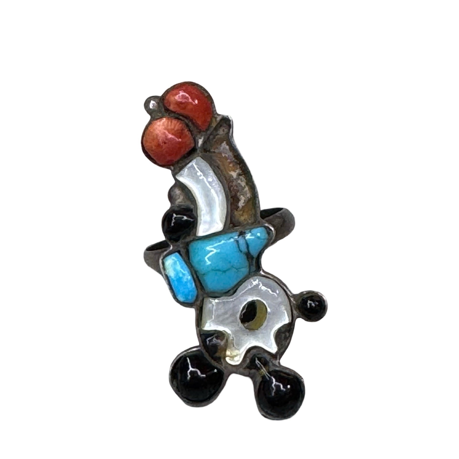 Zuni Mickey Inlaid Handmade Sterling Silver Ring Size 6.25 Turquoise Coral READ