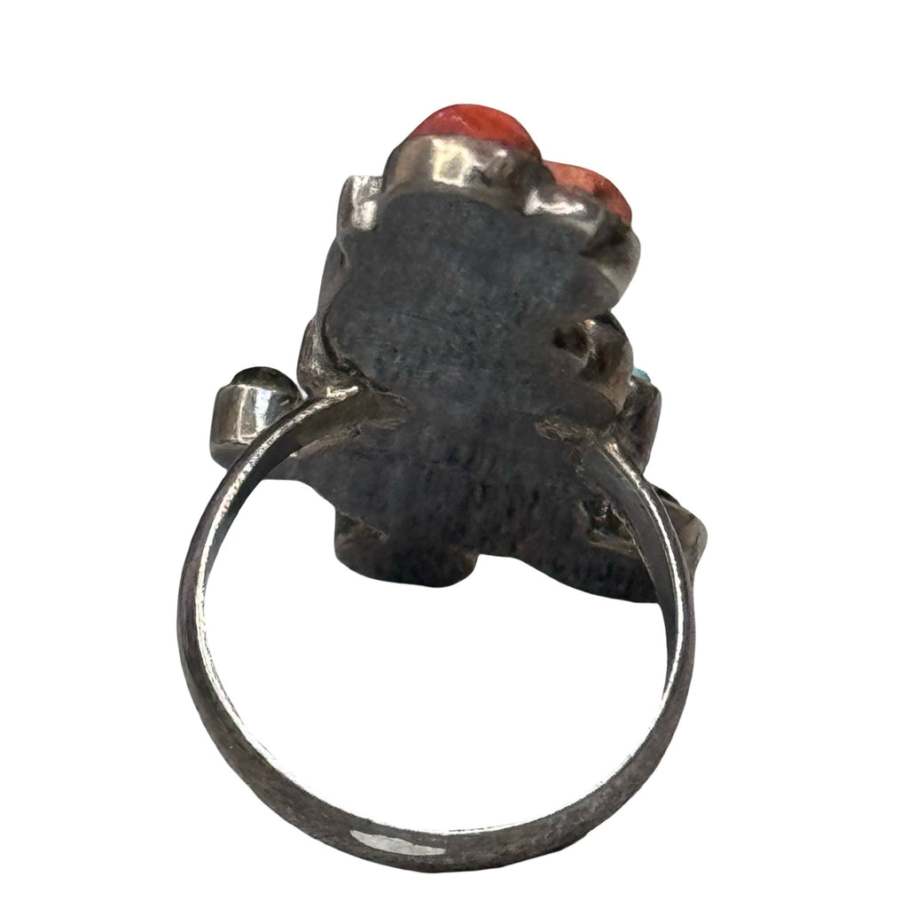 Zuni Mickey Inlaid Handmade Sterling Silver Ring Size 6.25 Turquoise Coral READ