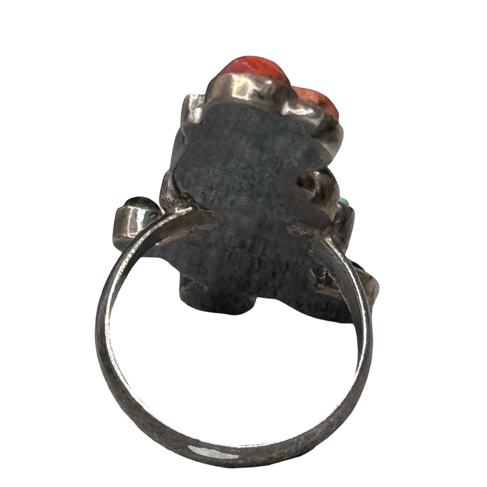 Zuni Mickey Inlaid Handmade Sterling Silver Ring Size 6.25 Turquoise Coral READ