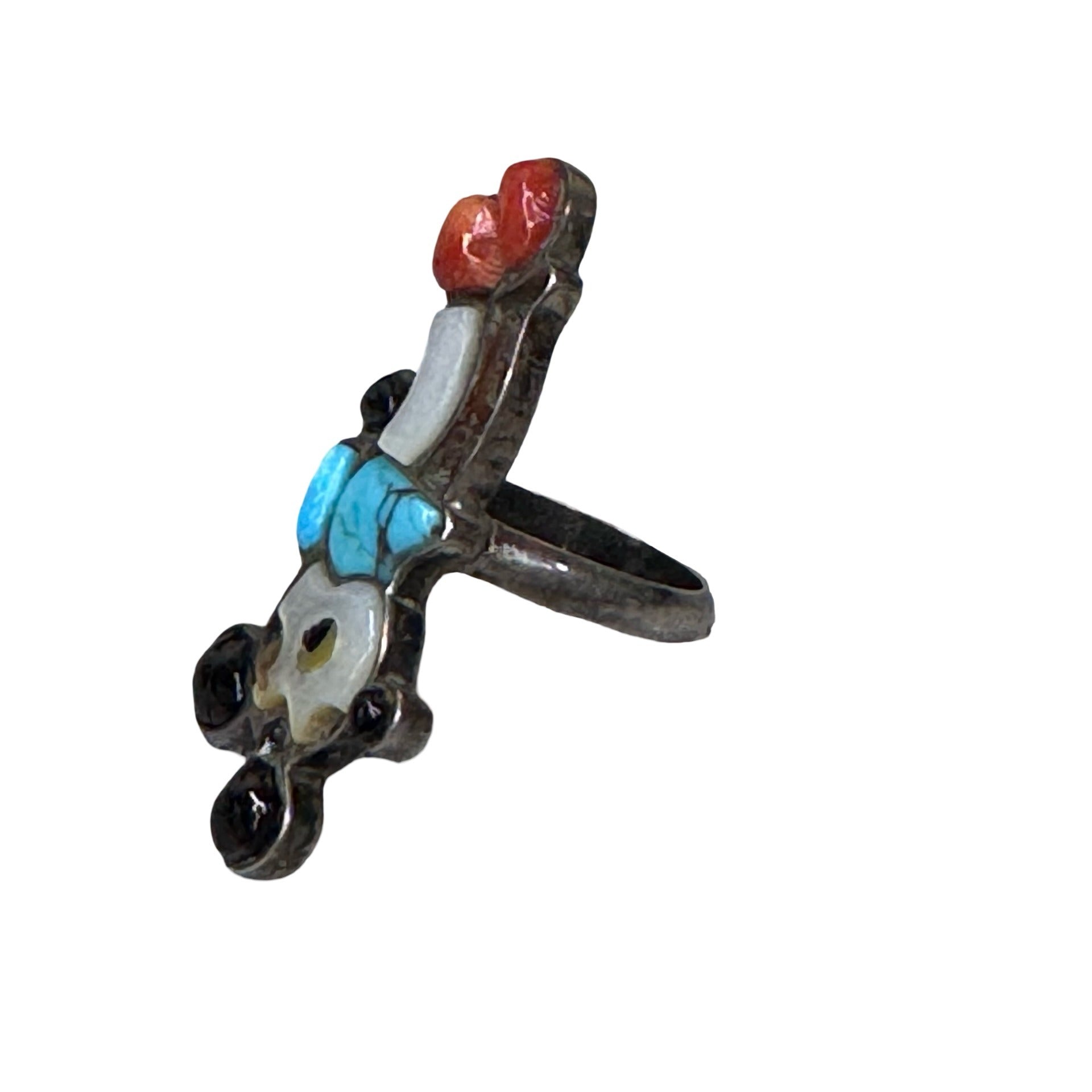 Zuni Mickey Inlaid Handmade Sterling Silver Ring Size 6.25 Turquoise Coral READ