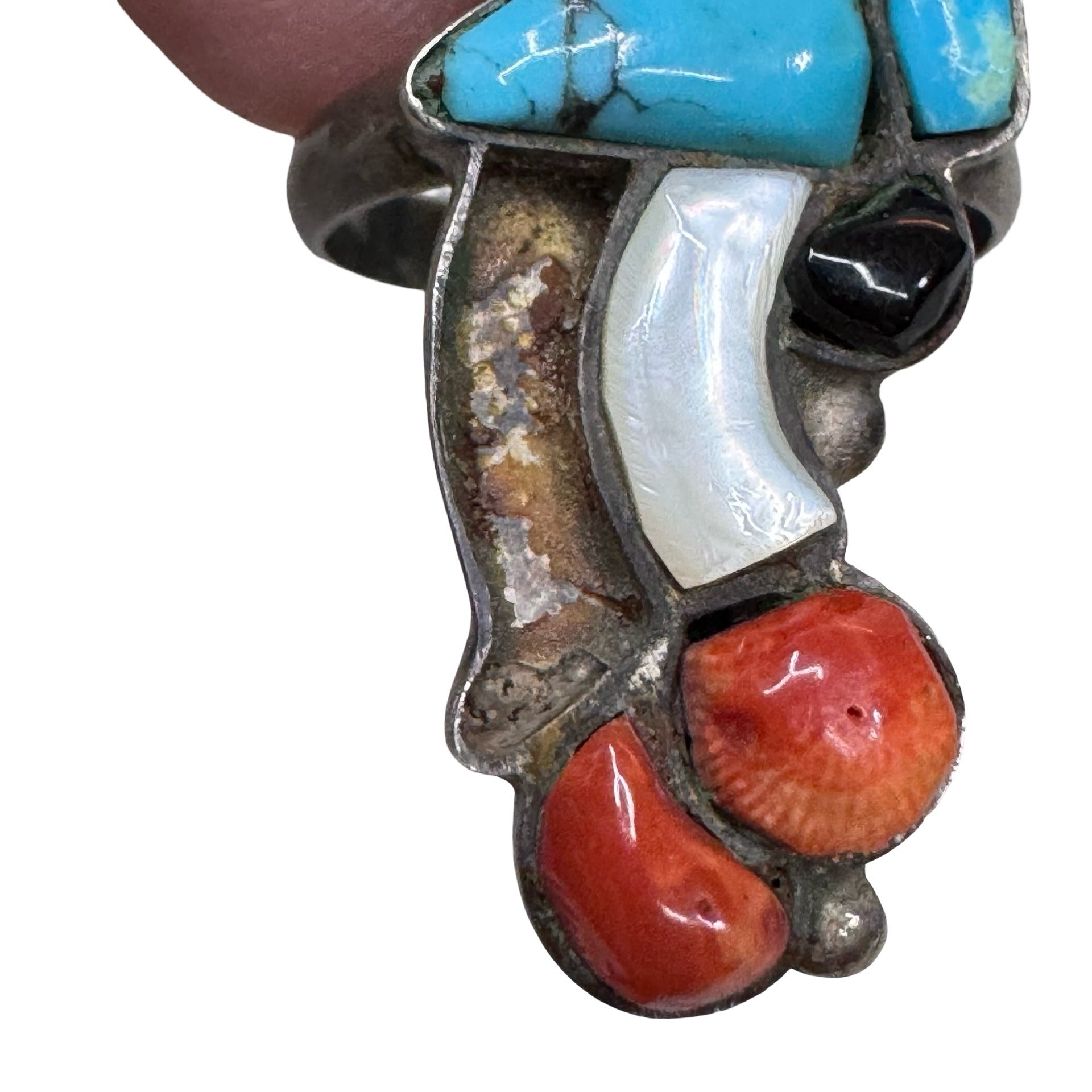 Zuni Mickey Inlaid Handmade Sterling Silver Ring Size 6.25 Turquoise Coral READ