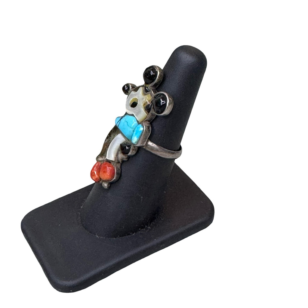 Zuni Mickey Inlaid Handmade Sterling Silver Ring Size 6.25 Turquoise Coral READ
