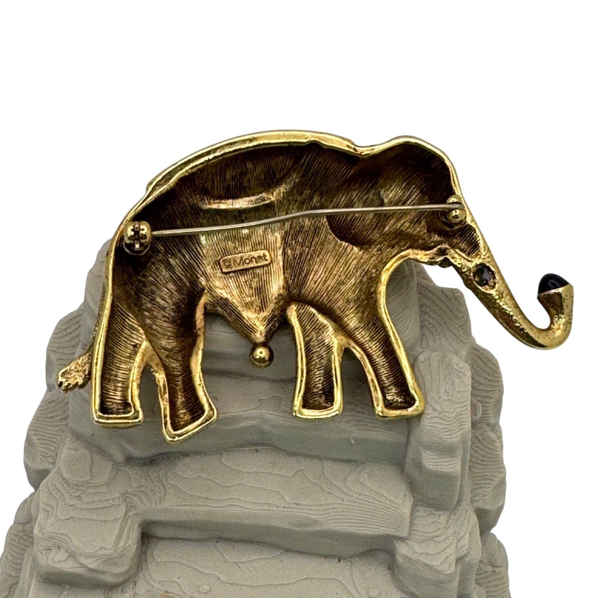 Monet Elephant Brooch Gold Tone Statement Red Green Enamel Pearl Vintage 2.5 Vtg