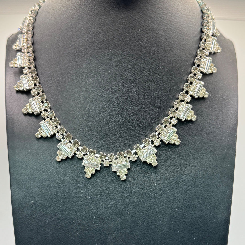 Vintage Art Deco 15" Collar Square Rectangle Clear Smoke Rhinestone Necklace