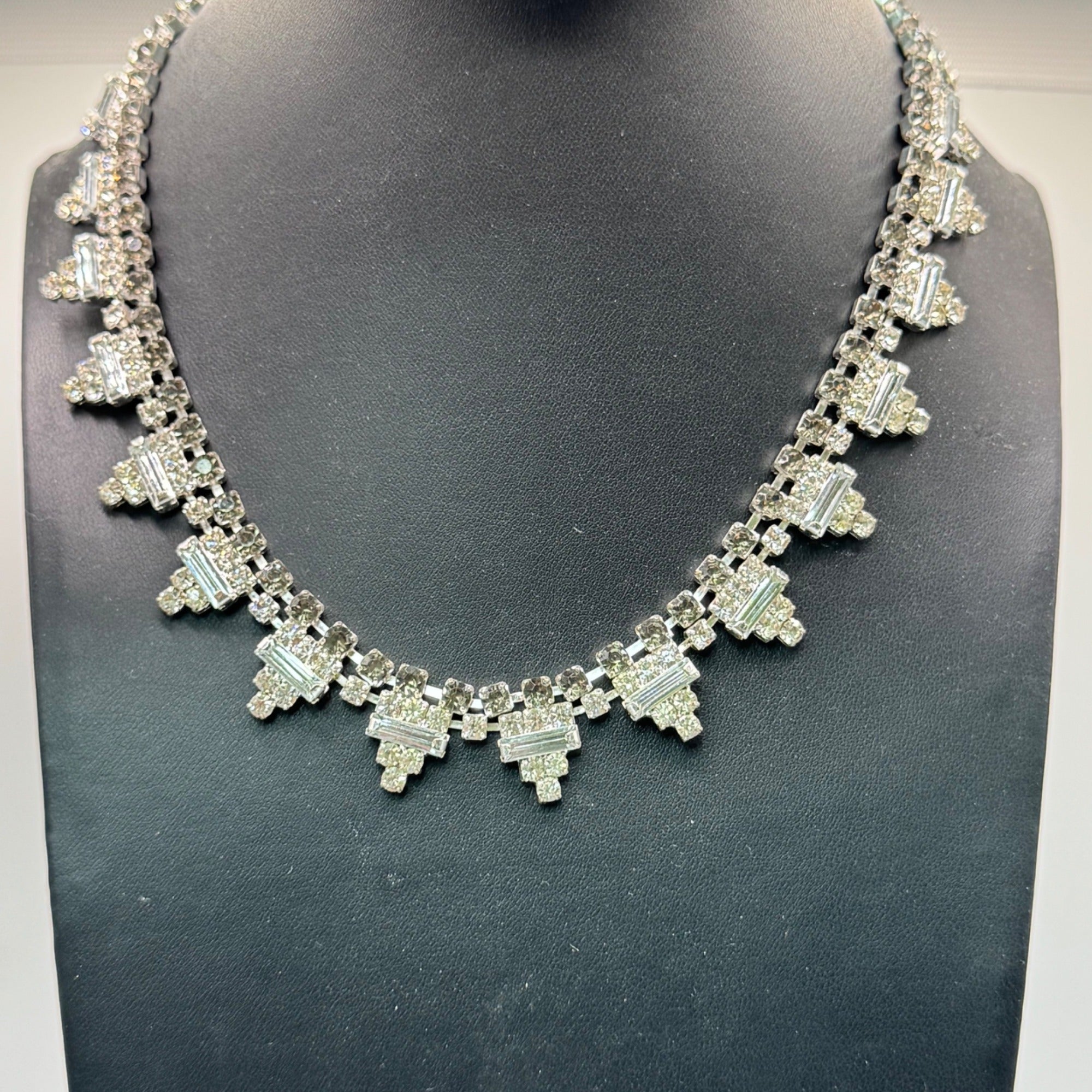 Vintage Art Deco 15" Collar Square Rectangle Clear Smoke Rhinestone Necklace