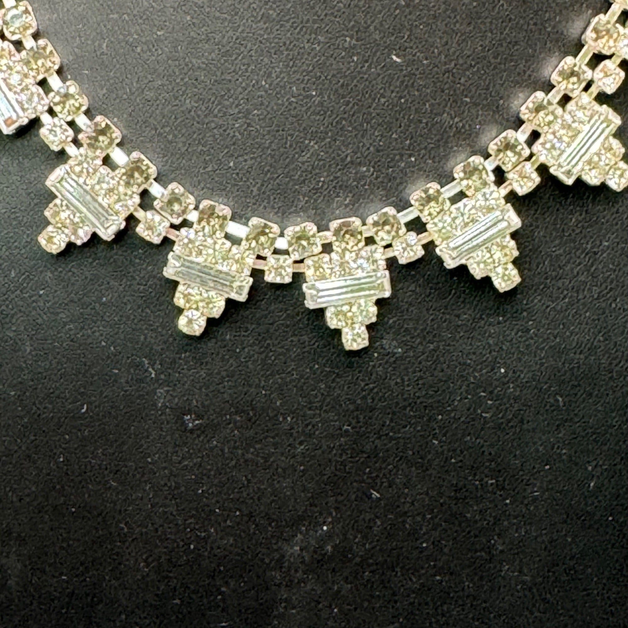 Vintage Art Deco 15" Collar Square Rectangle Clear Smoke Rhinestone Necklace