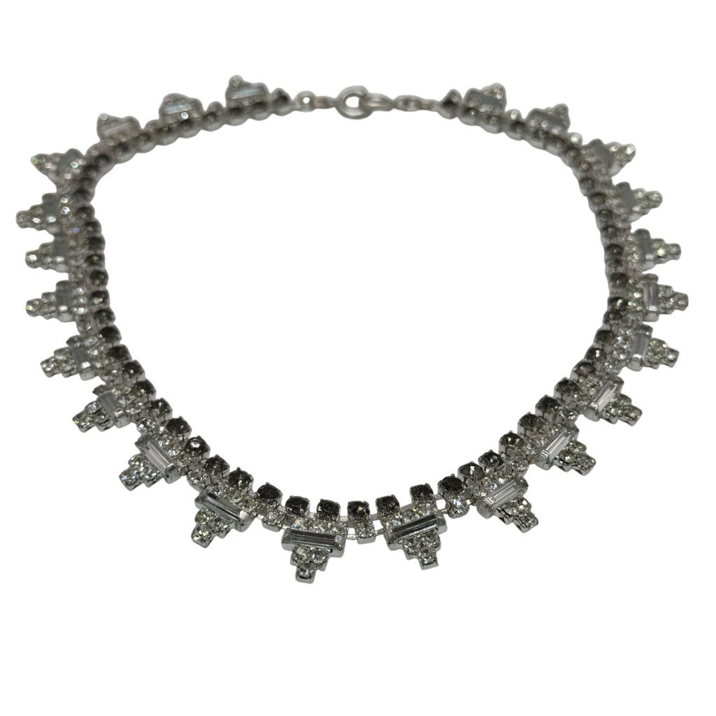 Vintage Art Deco 15" Collar Square Rectangle Clear Smoke Rhinestone Necklace