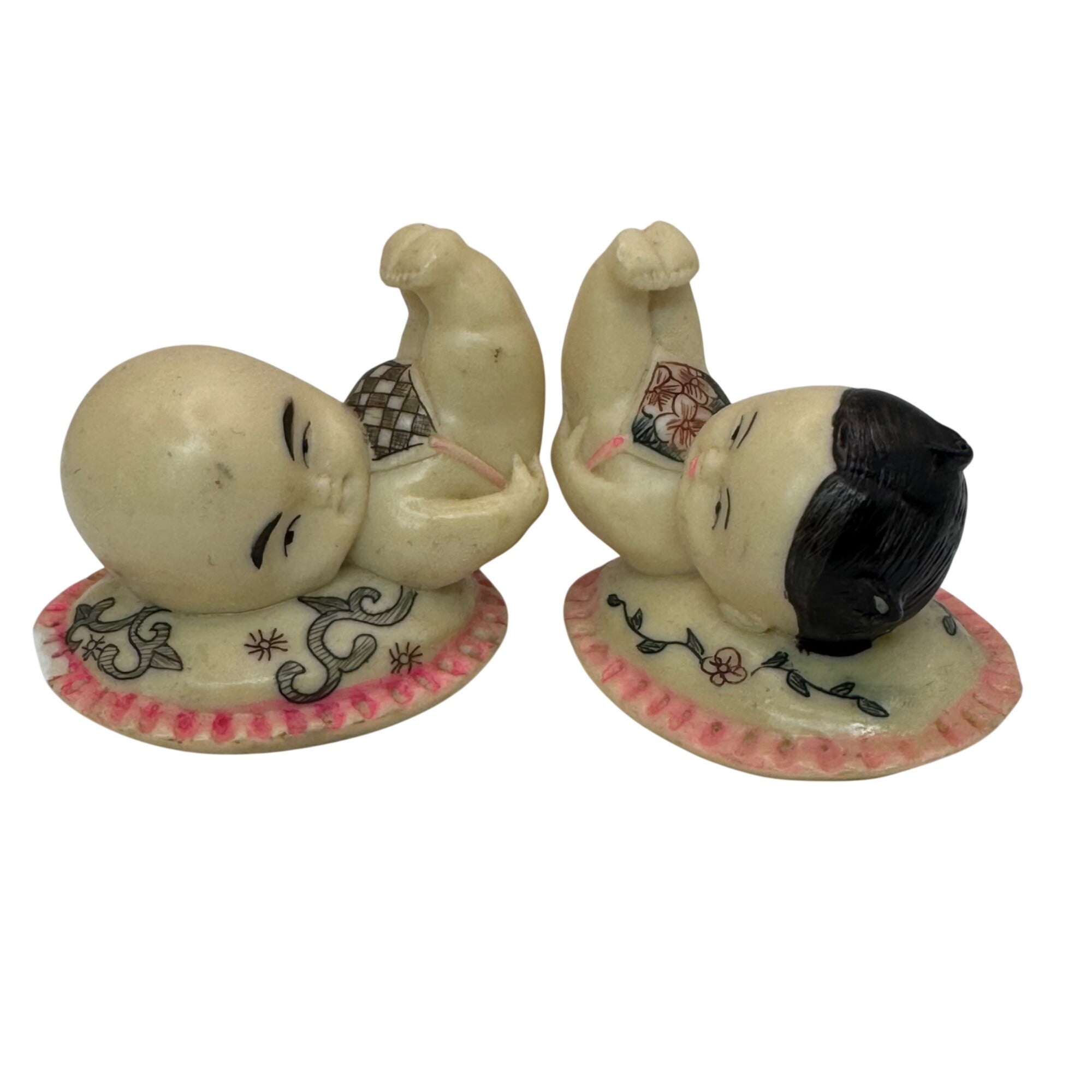 Vintage Ceramic Resin Baby Figurines Pair Boy Girl Chinese Infant Statues 2”