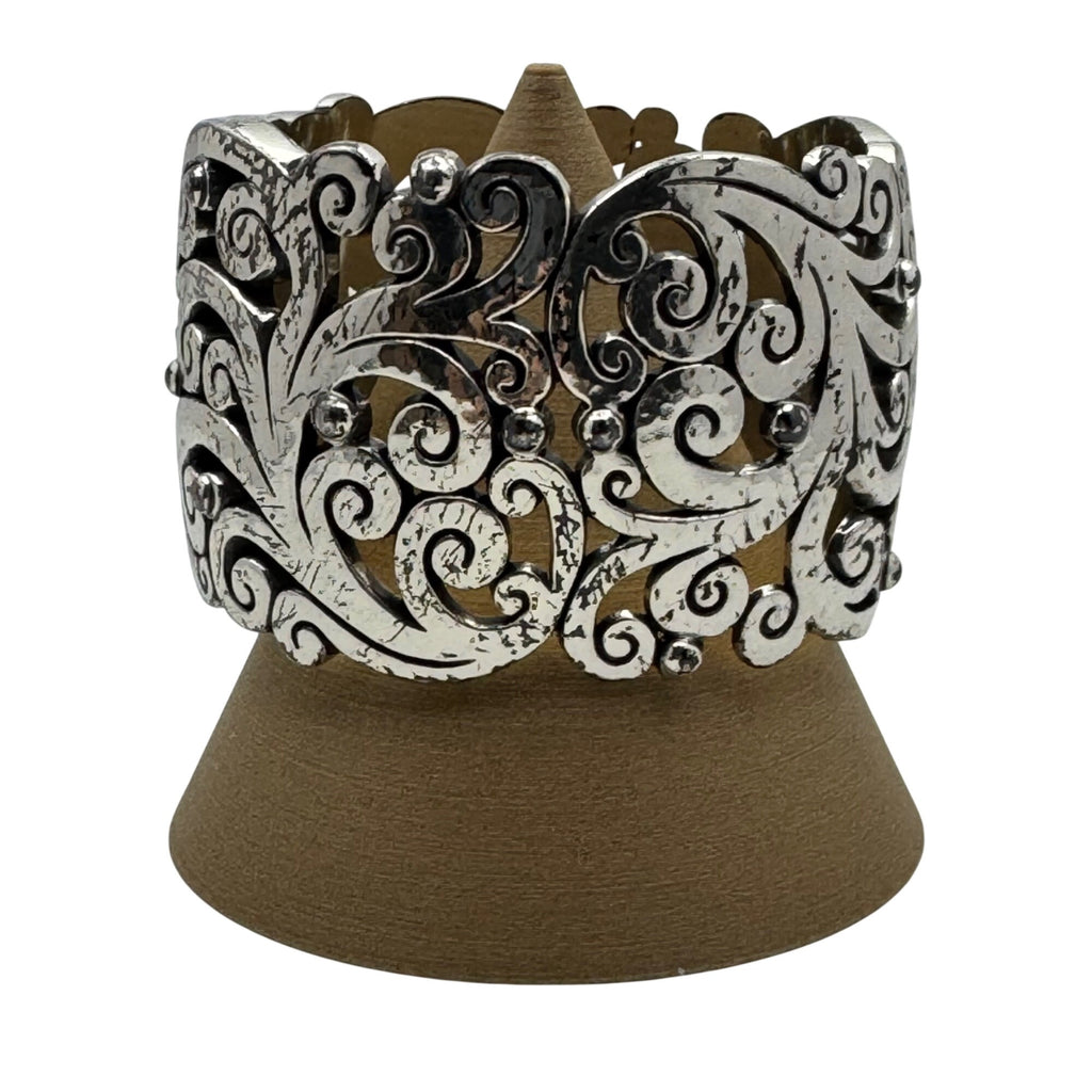 Brighton Madrid Lace Bangle Wide Cuff Bracelet Scroll Silver-Tone 7.5" Vintage