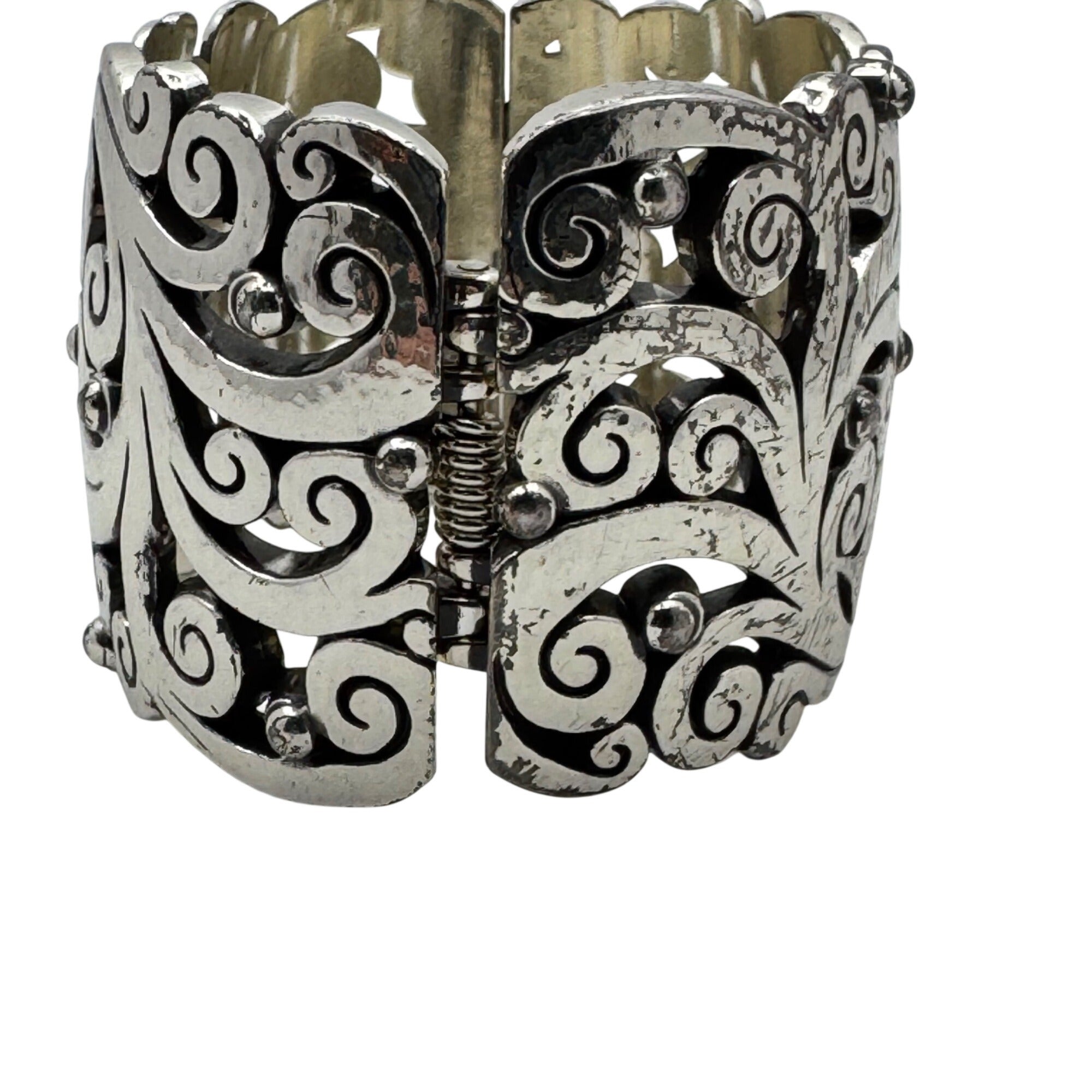 Brighton Madrid Lace Bangle Wide Cuff Bracelet Scroll Silver-Tone 7.5" Vintage
