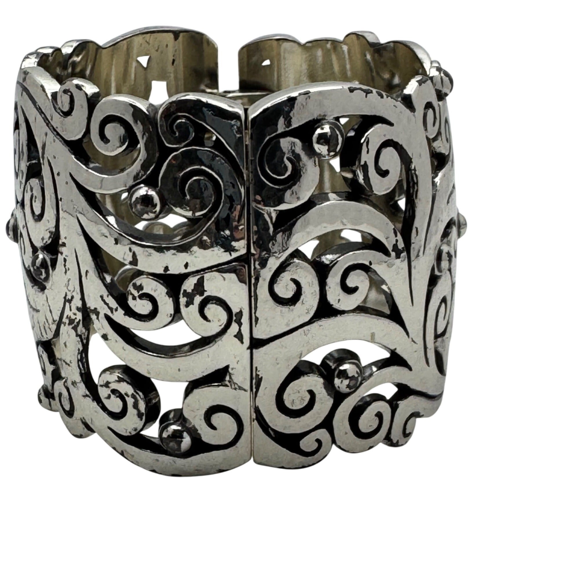Brighton Madrid Lace Bangle Wide Cuff Bracelet Scroll Silver-Tone 7.5" Vintage