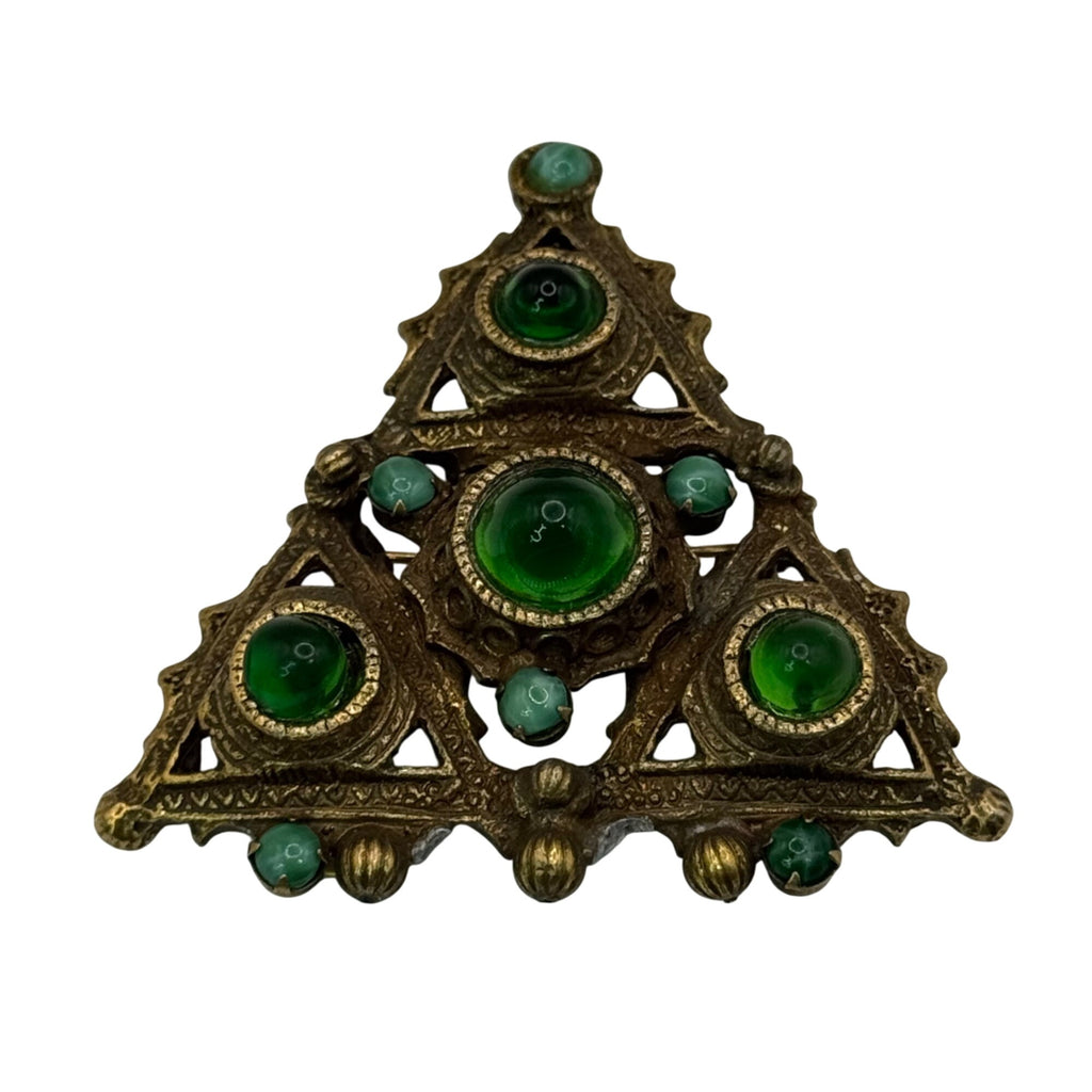 Vintage Triangle Brooch Brass Green Glass Cabochons & Brass Filigree Design 2"