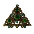 Vintage Triangle Brooch Brass Green Glass Cabochons & Brass Filigree Design 2"