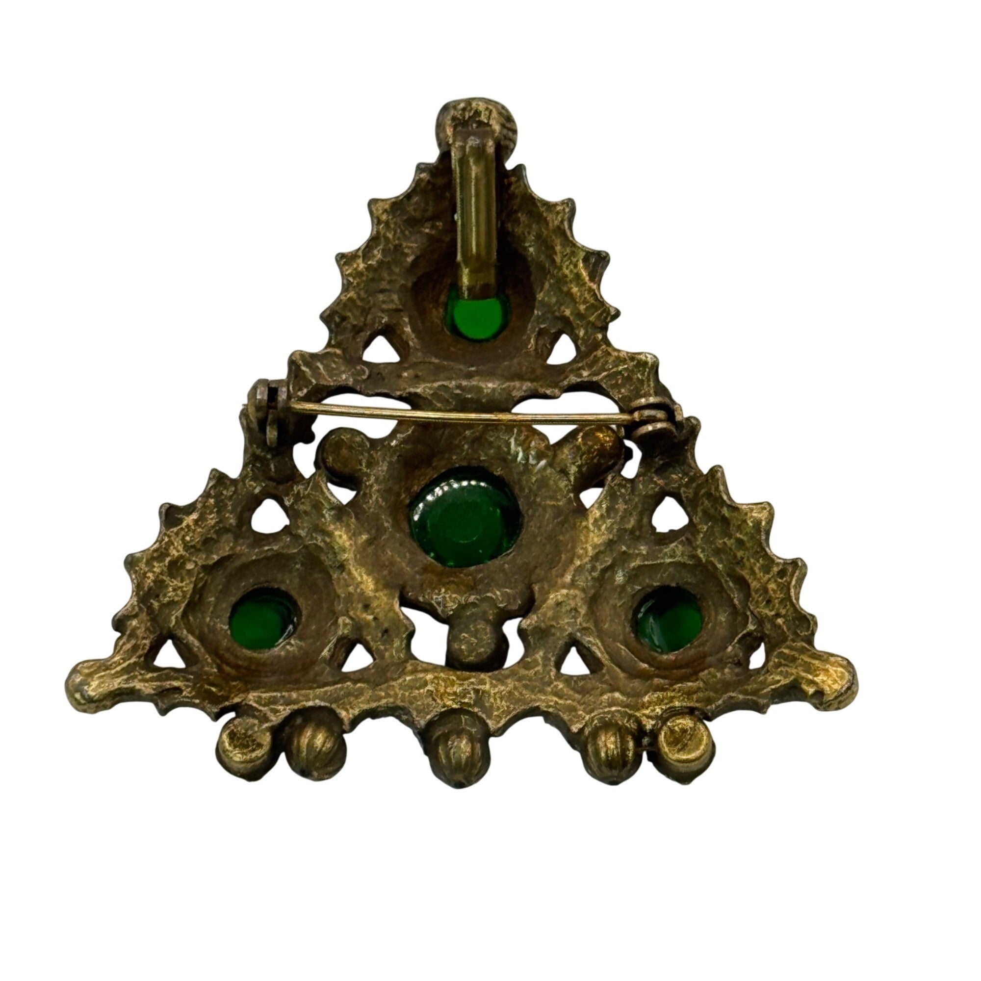 Vintage Triangle Brooch Brass Green Glass Cabochons & Brass Filigree Design 2"