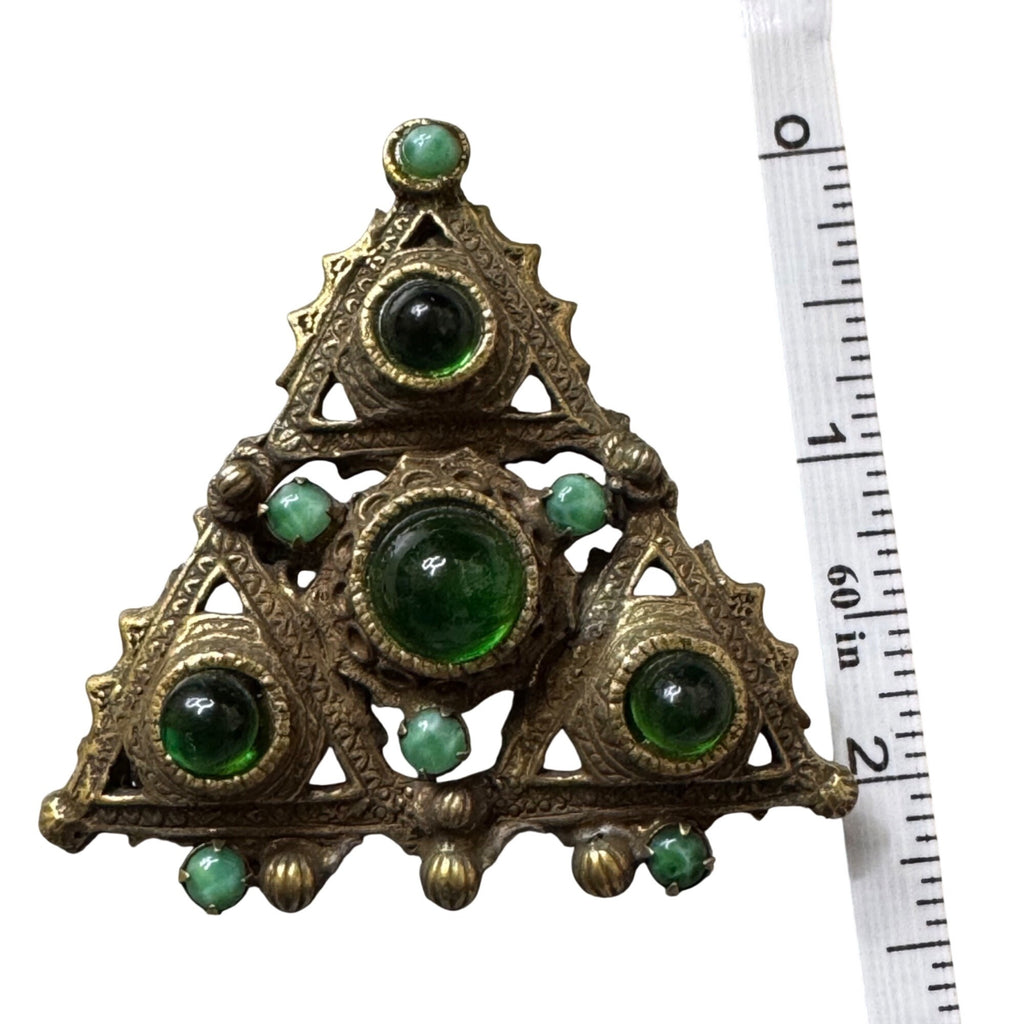Vintage Triangle Brooch Brass Green Glass Cabochons & Brass Filigree Design 2"