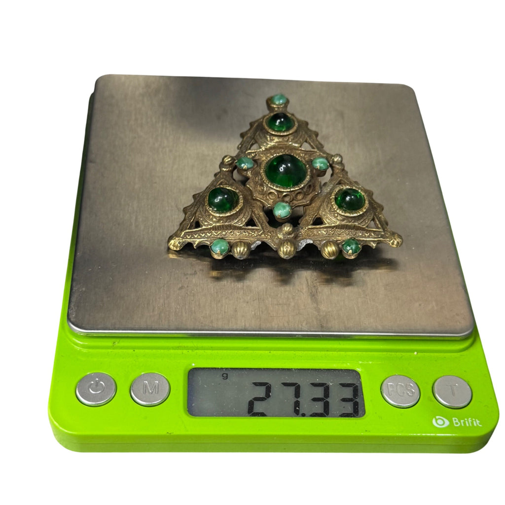 Vintage Triangle Brooch Brass Green Glass Cabochons & Brass Filigree Design 2"