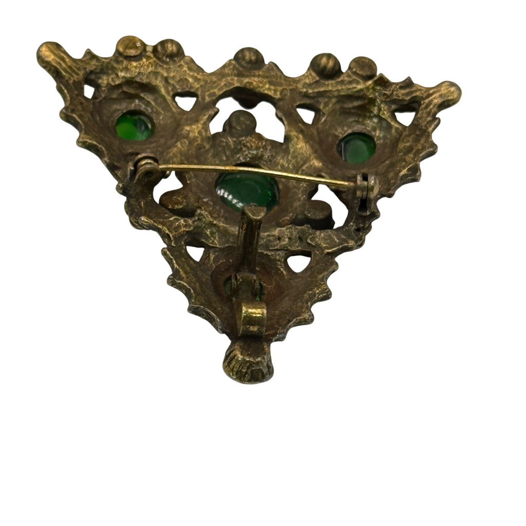 Vintage Triangle Brooch Brass Green Glass Cabochons & Brass Filigree Design 2"