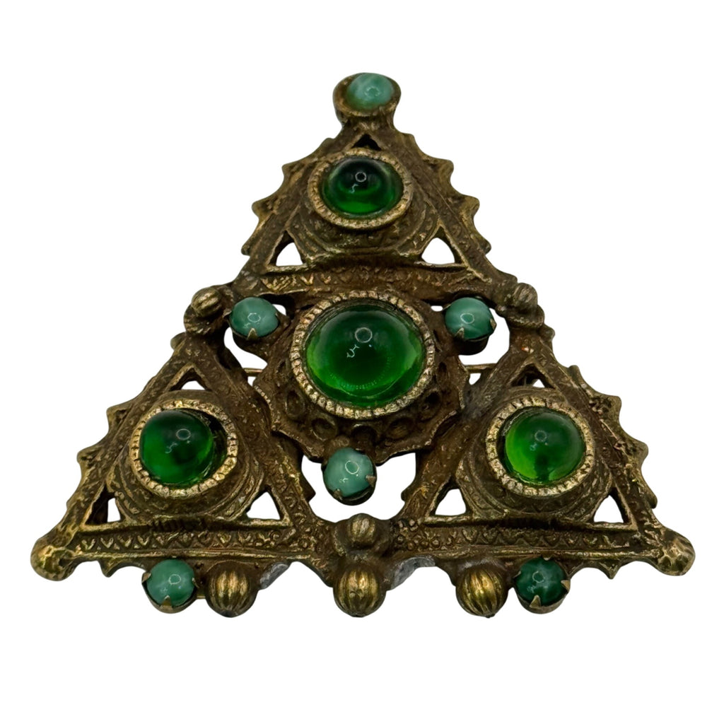 Vintage Triangle Brooch Brass Green Glass Cabochons & Brass Filigree Design 2"