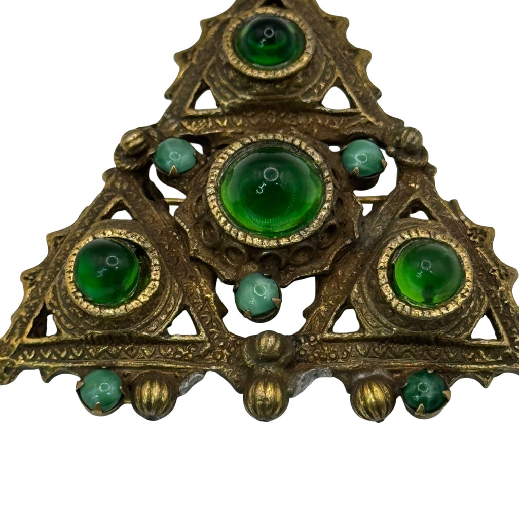 Vintage Triangle Brooch Brass Green Glass Cabochons & Brass Filigree Design 2"