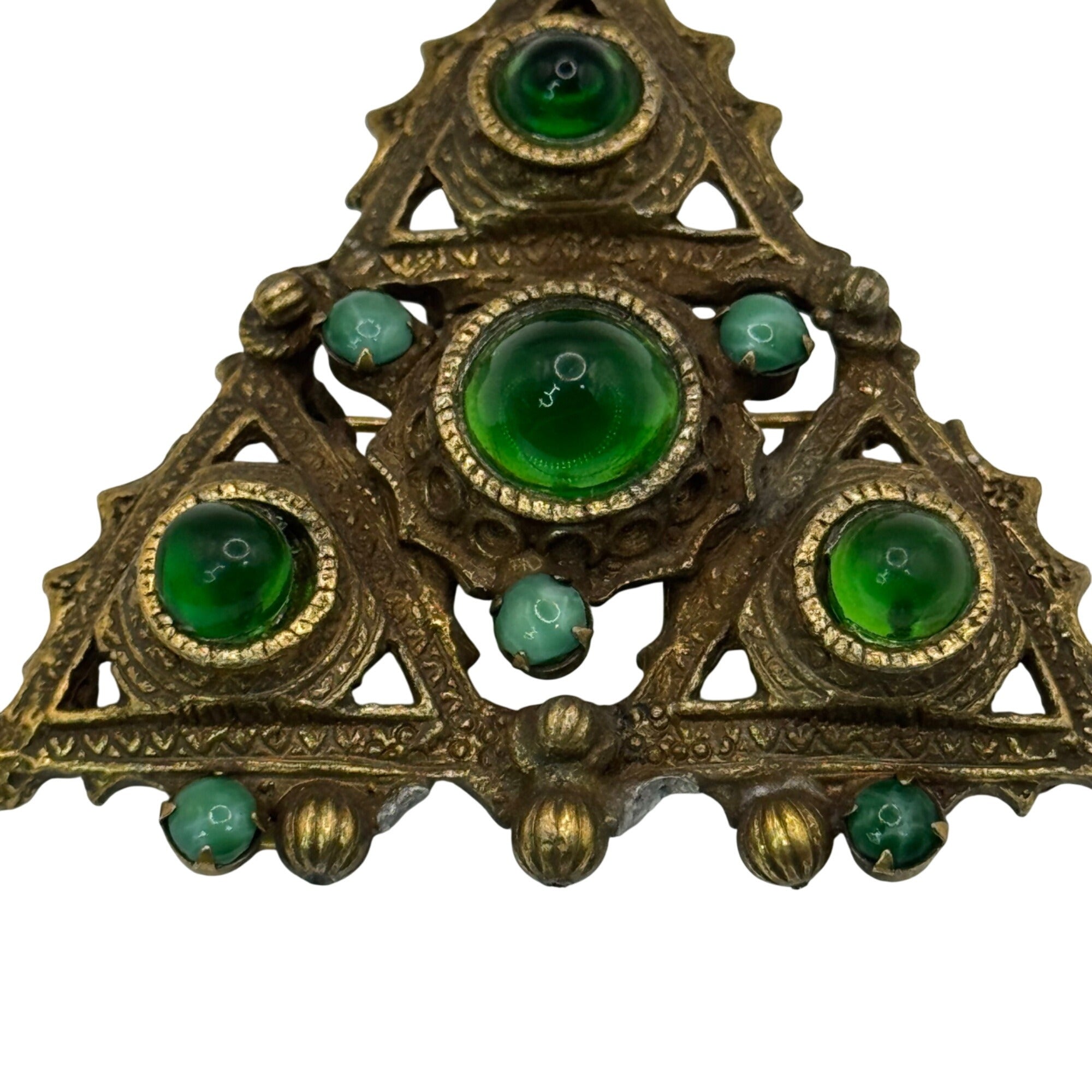 Vintage Triangle Brooch Brass Green Glass Cabochons & Brass Filigree Design 2"