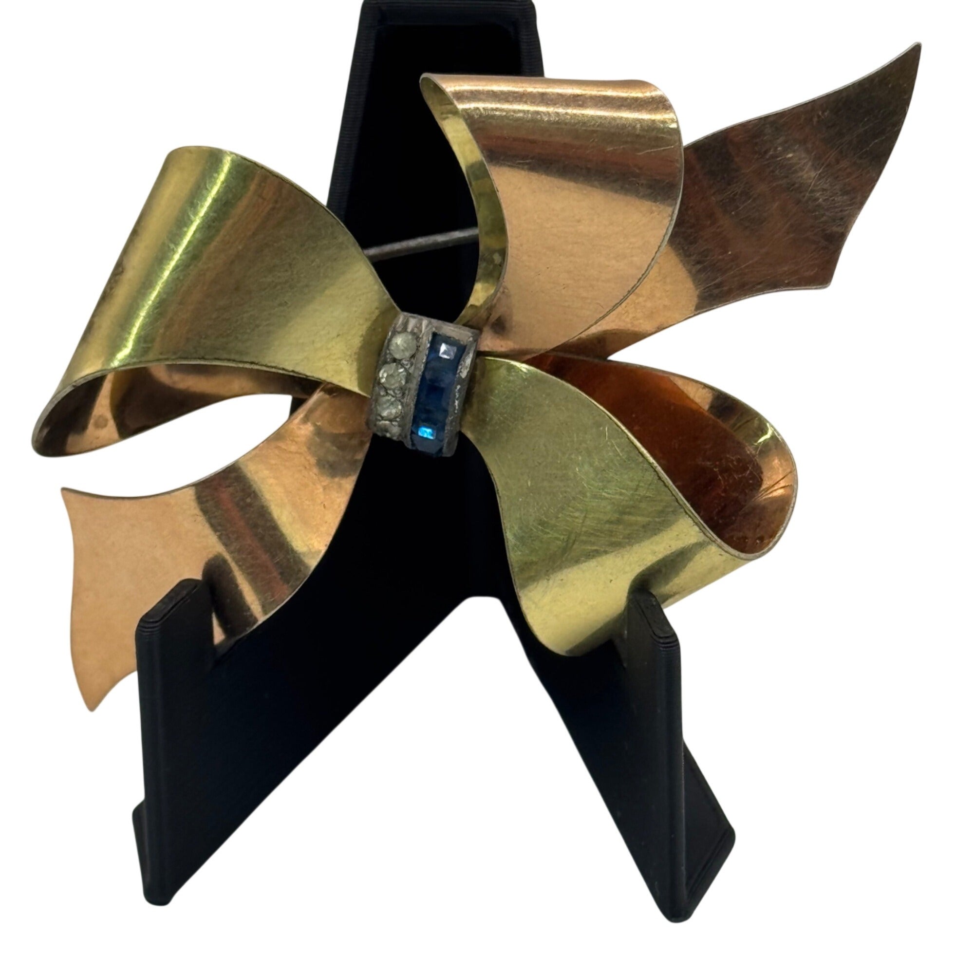 Vtg 1940s Signed TAYLORD 12k Gold Filled Bow Brooch 4" Sapphire Blue Rhinestones