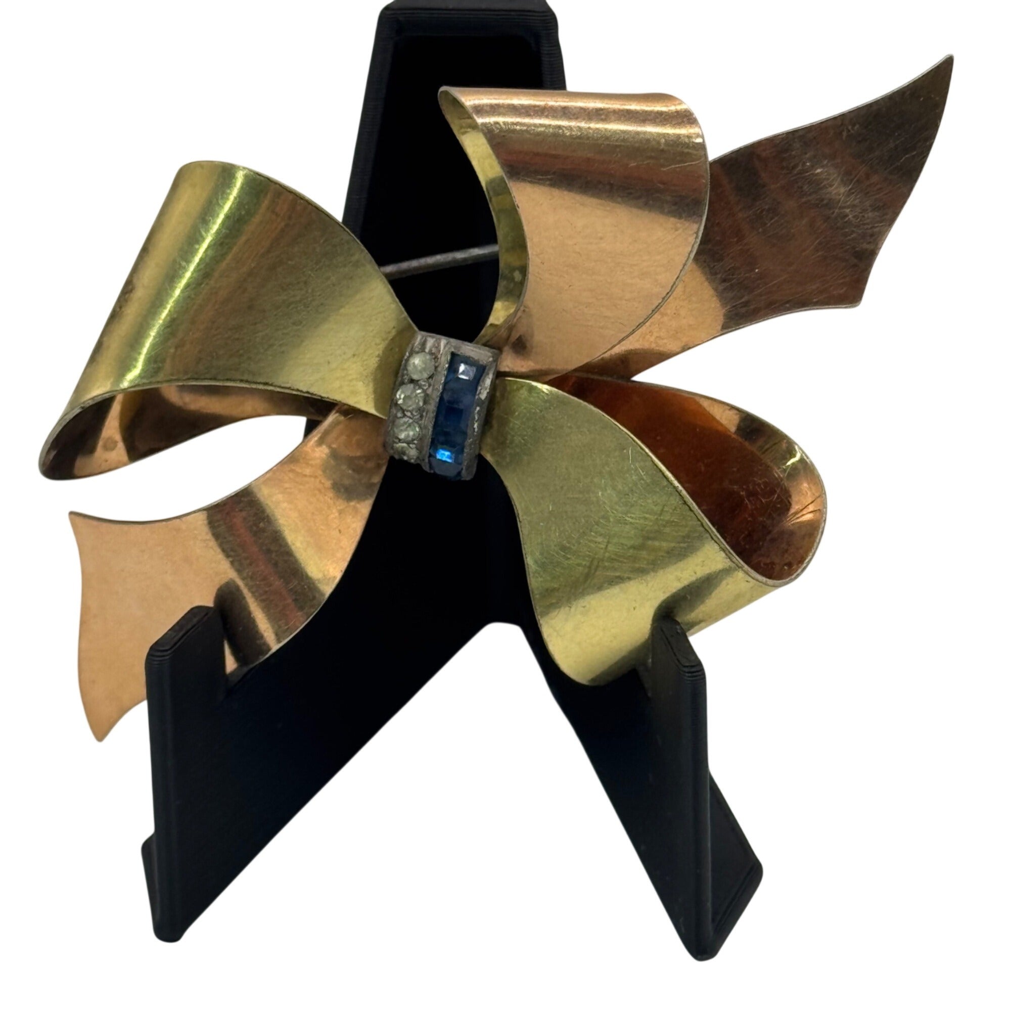 Vtg 1940s Signed TAYLORD 12k Gold Filled Bow Brooch 4" Sapphire Blue Rhinestones