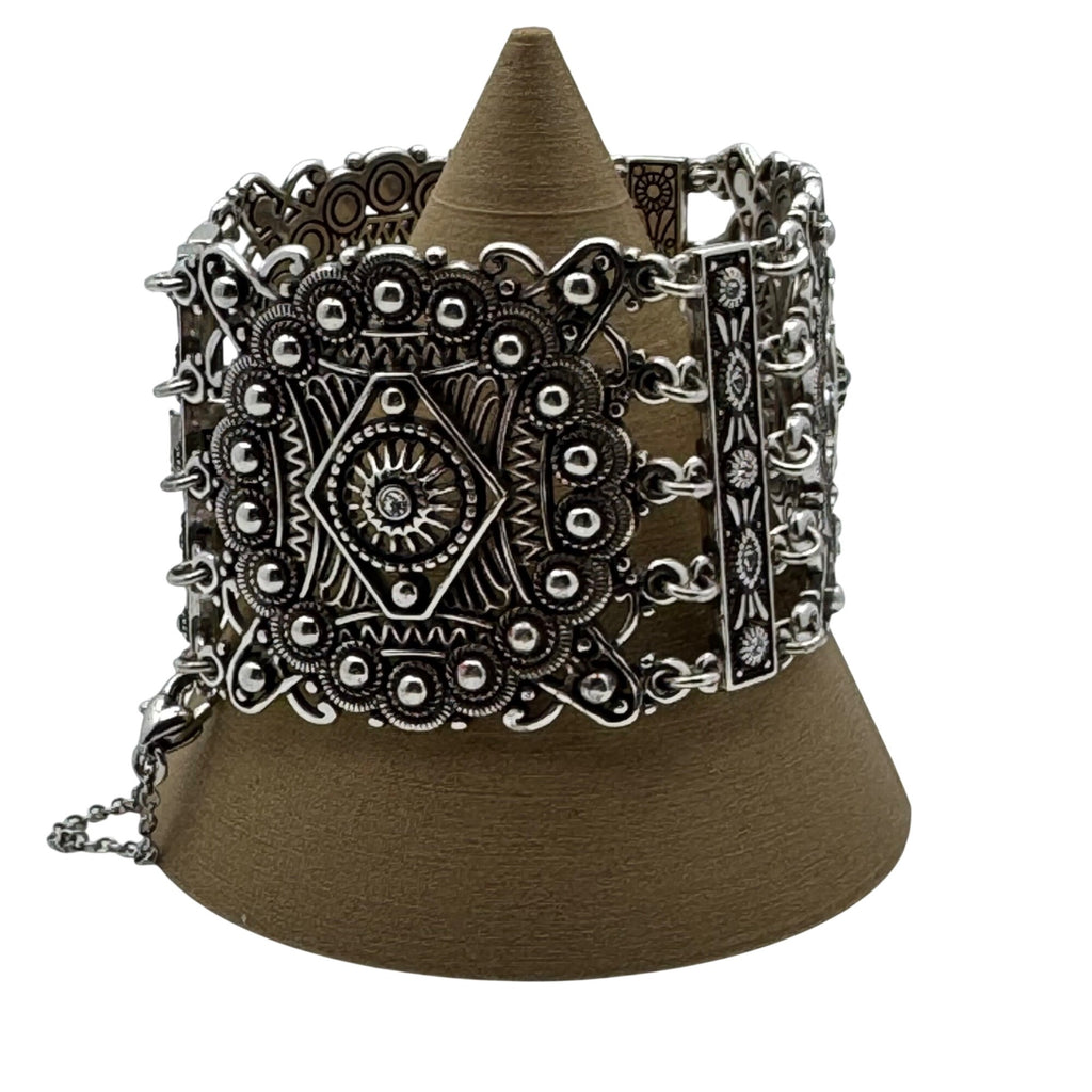 Brighton Panel Bracelet StatemeVintage Silver-Tone Cuff Filigree Safety Chain 7"