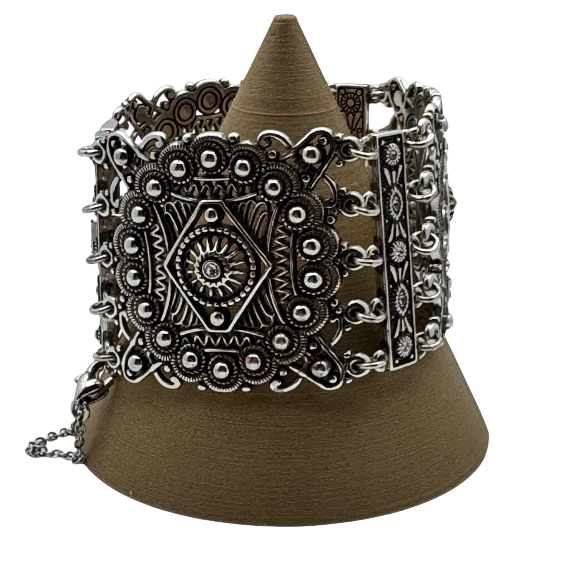 Brighton Panel Bracelet StatemeVintage Silver-Tone Cuff Filigree Safety Chain 7"