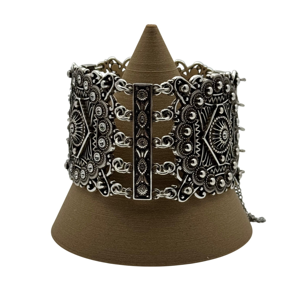 Brighton Panel Bracelet StatemeVintage Silver-Tone Cuff Filigree Safety Chain 7"