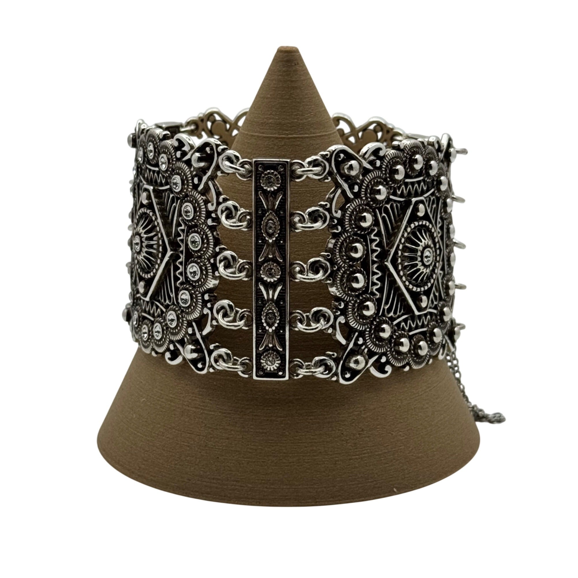 Brighton Panel Bracelet StatemeVintage Silver-Tone Cuff Filigree Safety Chain 7"