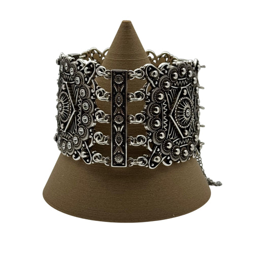 Brighton Panel Bracelet StatemeVintage Silver-Tone Cuff Filigree Safety Chain 7"