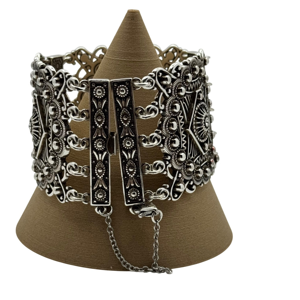 Brighton Panel Bracelet StatemeVintage Silver-Tone Cuff Filigree Safety Chain 7"