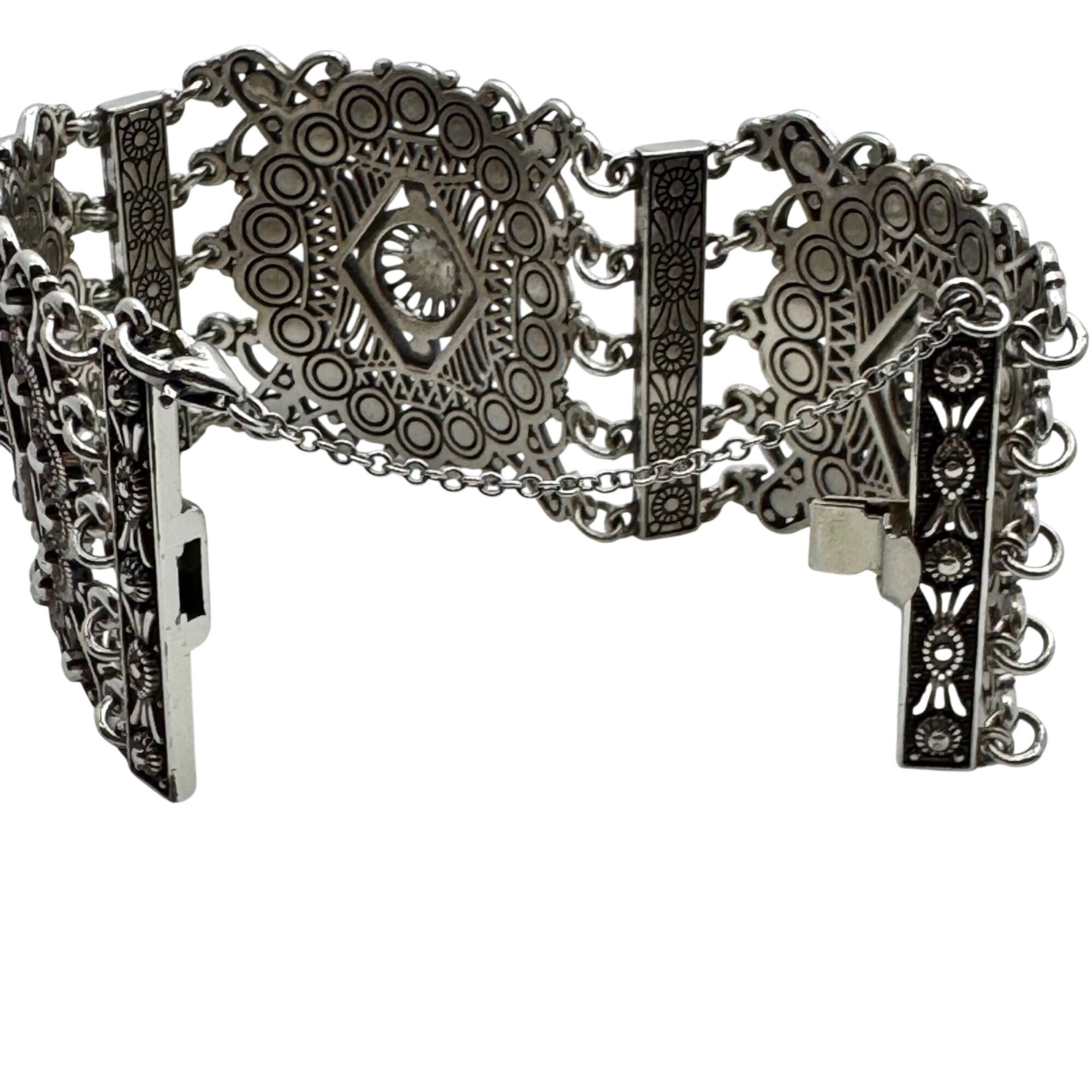 Brighton Panel Bracelet StatemeVintage Silver-Tone Cuff Filigree Safety Chain 7"