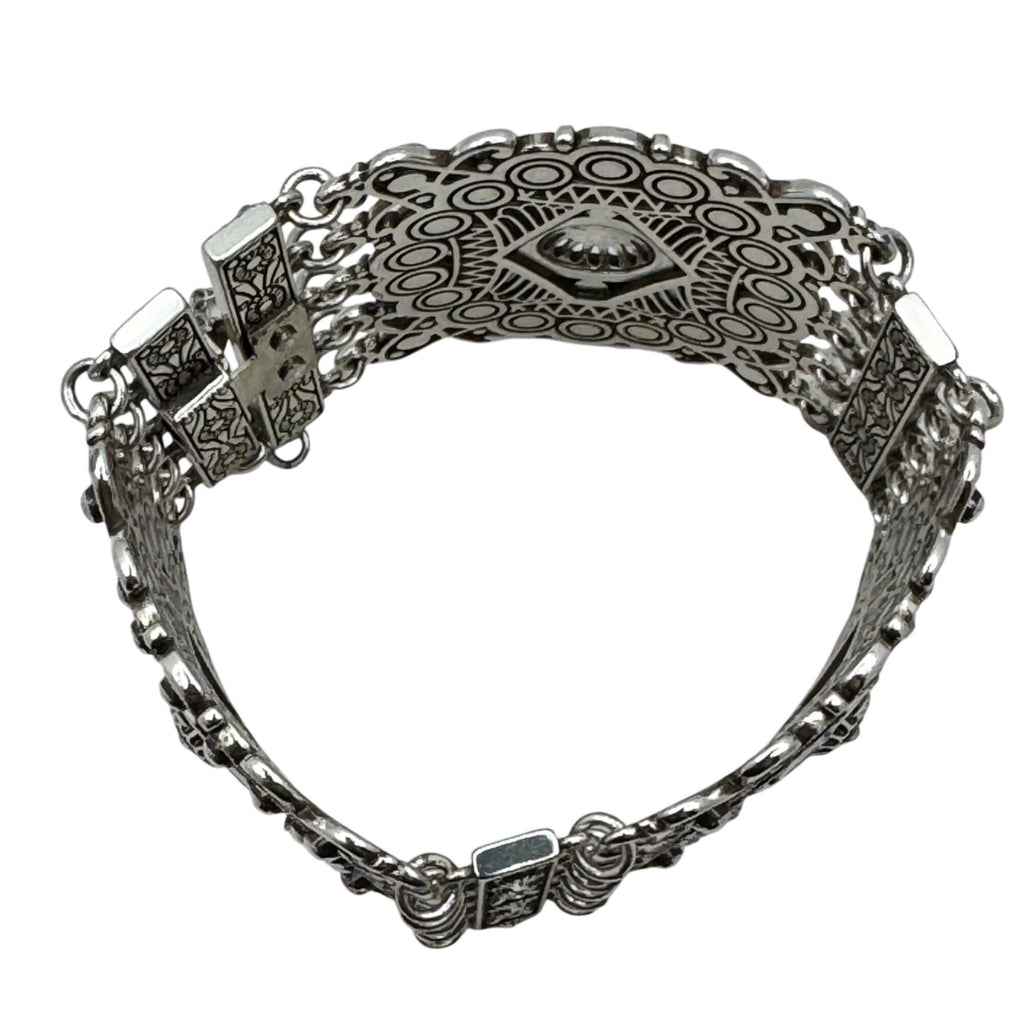 Brighton Panel Bracelet StatemeVintage Silver-Tone Cuff Filigree Safety Chain 7"