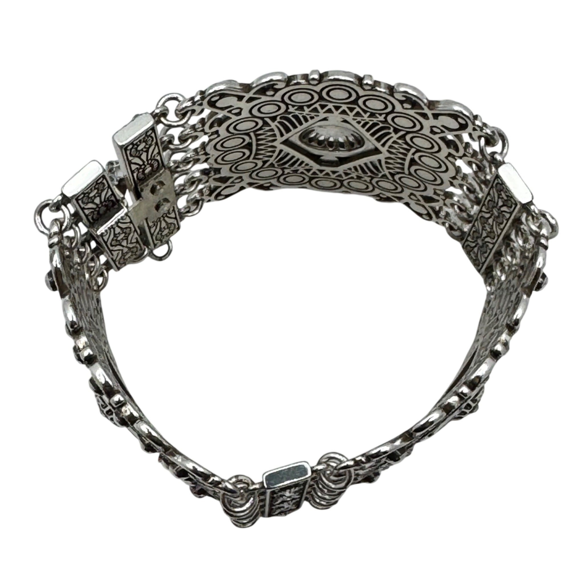 Brighton Panel Bracelet StatemeVintage Silver-Tone Cuff Filigree Safety Chain 7"