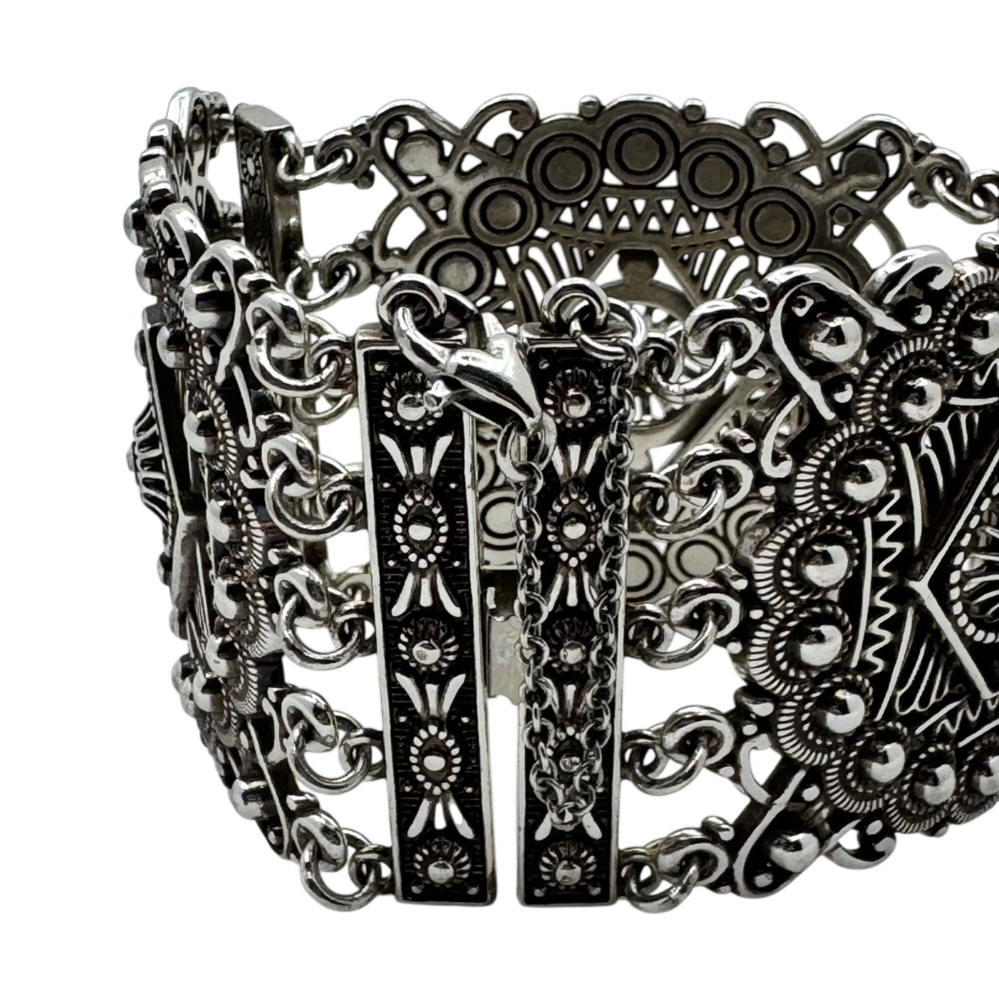 Brighton Panel Bracelet StatemeVintage Silver-Tone Cuff Filigree Safety Chain 7"