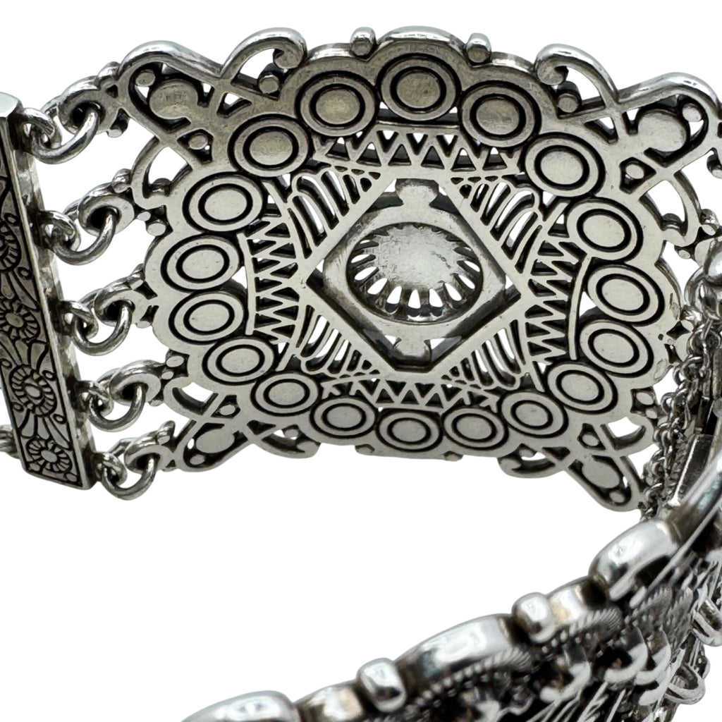 Brighton Panel Bracelet StatemeVintage Silver-Tone Cuff Filigree Safety Chain 7"