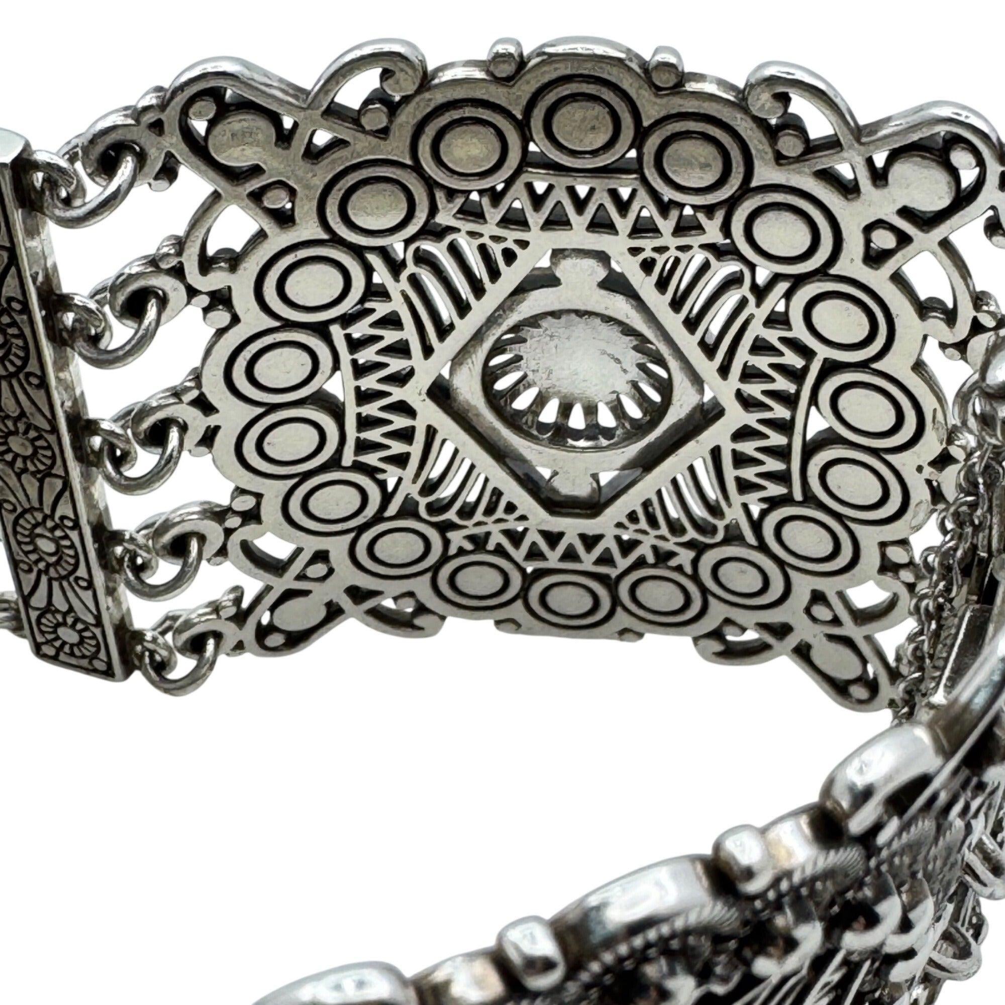 Brighton Panel Bracelet StatemeVintage Silver-Tone Cuff Filigree Safety Chain 7"