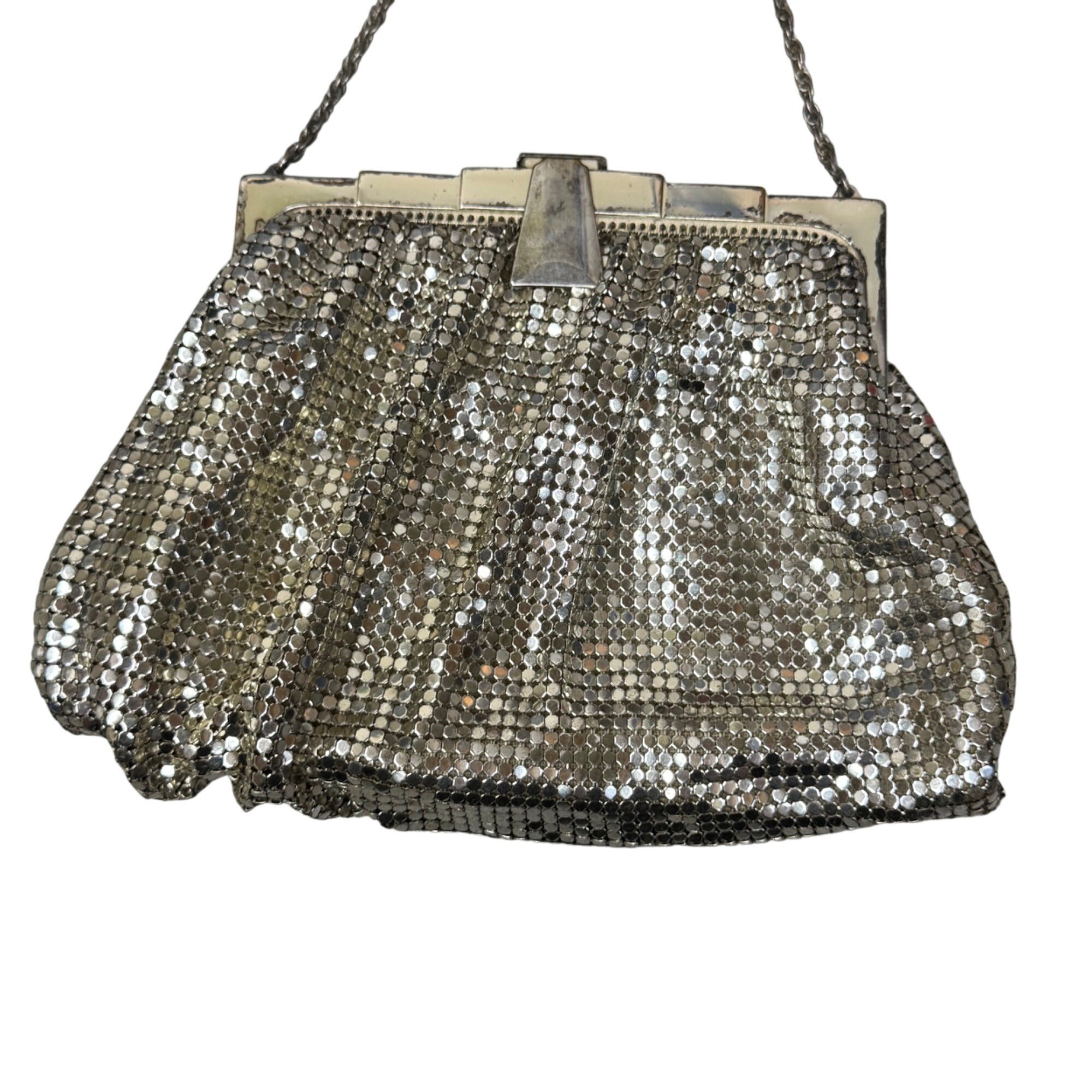 Vintage Whiting & Davis Silver Mesh Evening Bag Flapper Art Deco Kiss Lock Purse