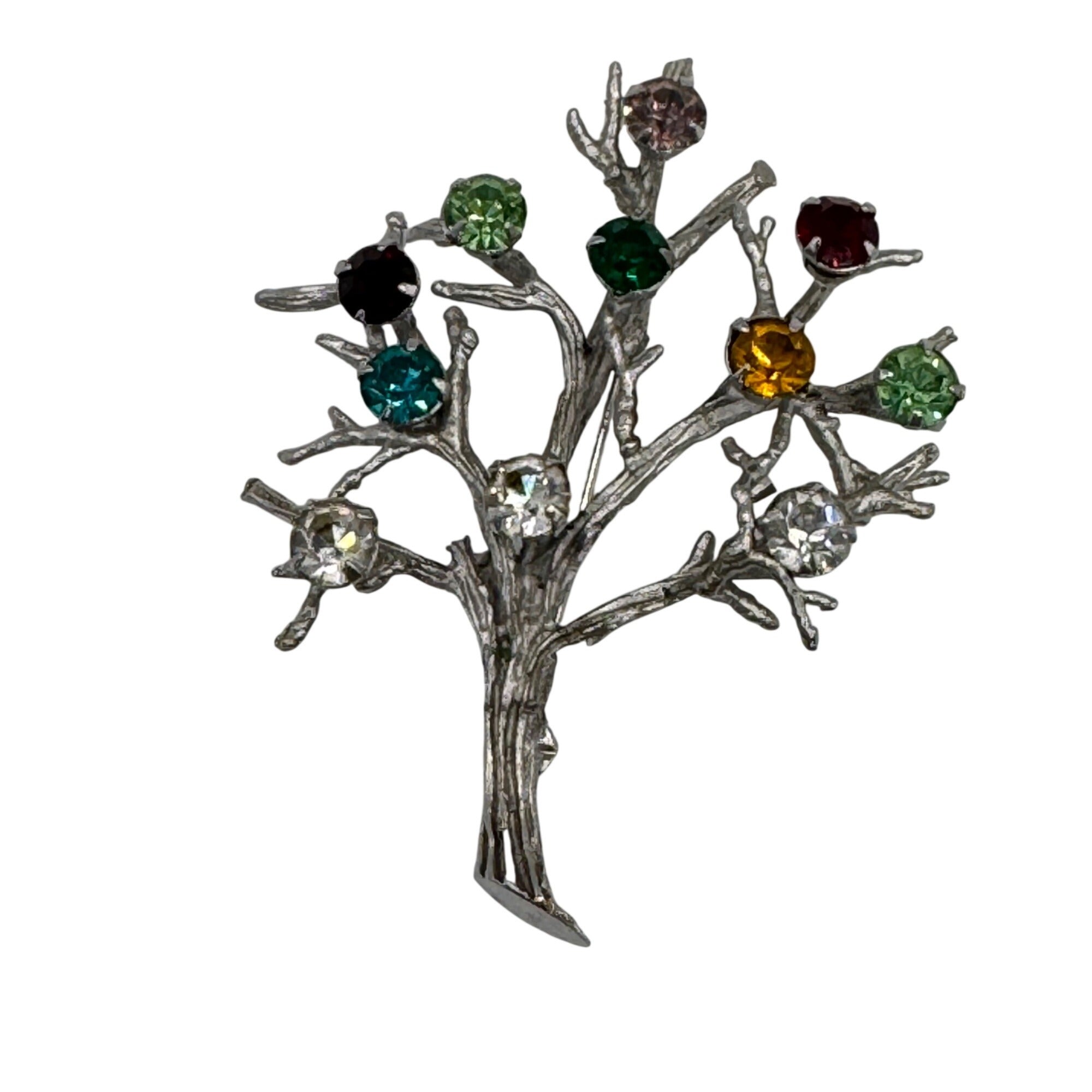 Vintage Sterling Silver Multi-Color Rhinestone Tree of Life Brooch Pin Nature