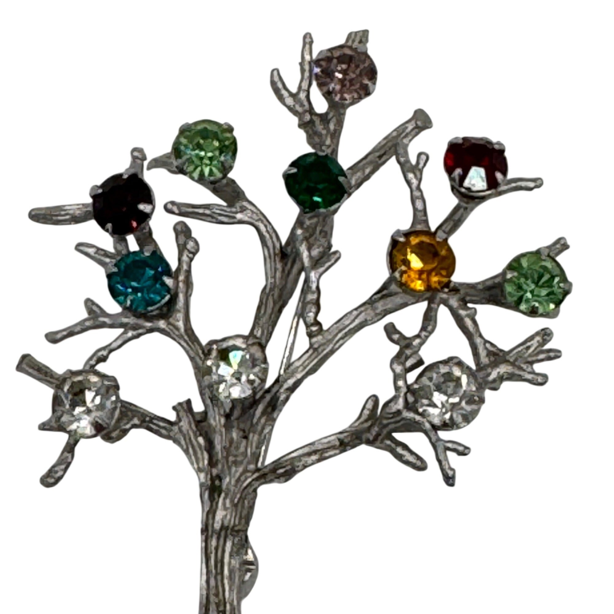 Vintage Sterling Silver Multi-Color Rhinestone Tree of Life Brooch Pin Nature