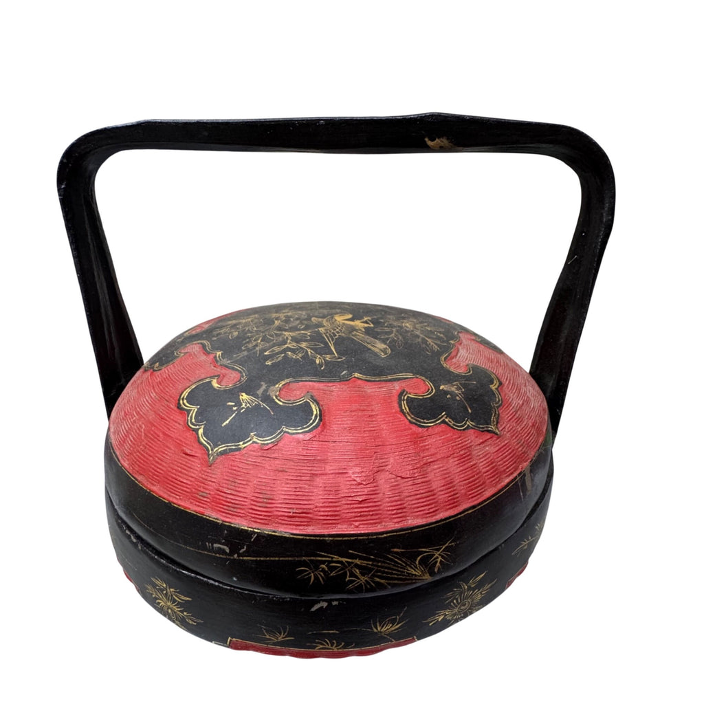 Antique Chinese Peranakan Wedding Basket Hand Painted Black Lacquer Red Bamboo