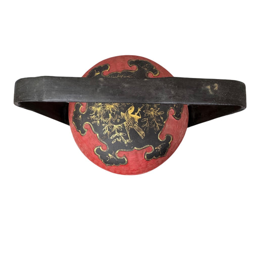 Antique Chinese Peranakan Wedding Basket Hand Painted Black Lacquer Red Bamboo