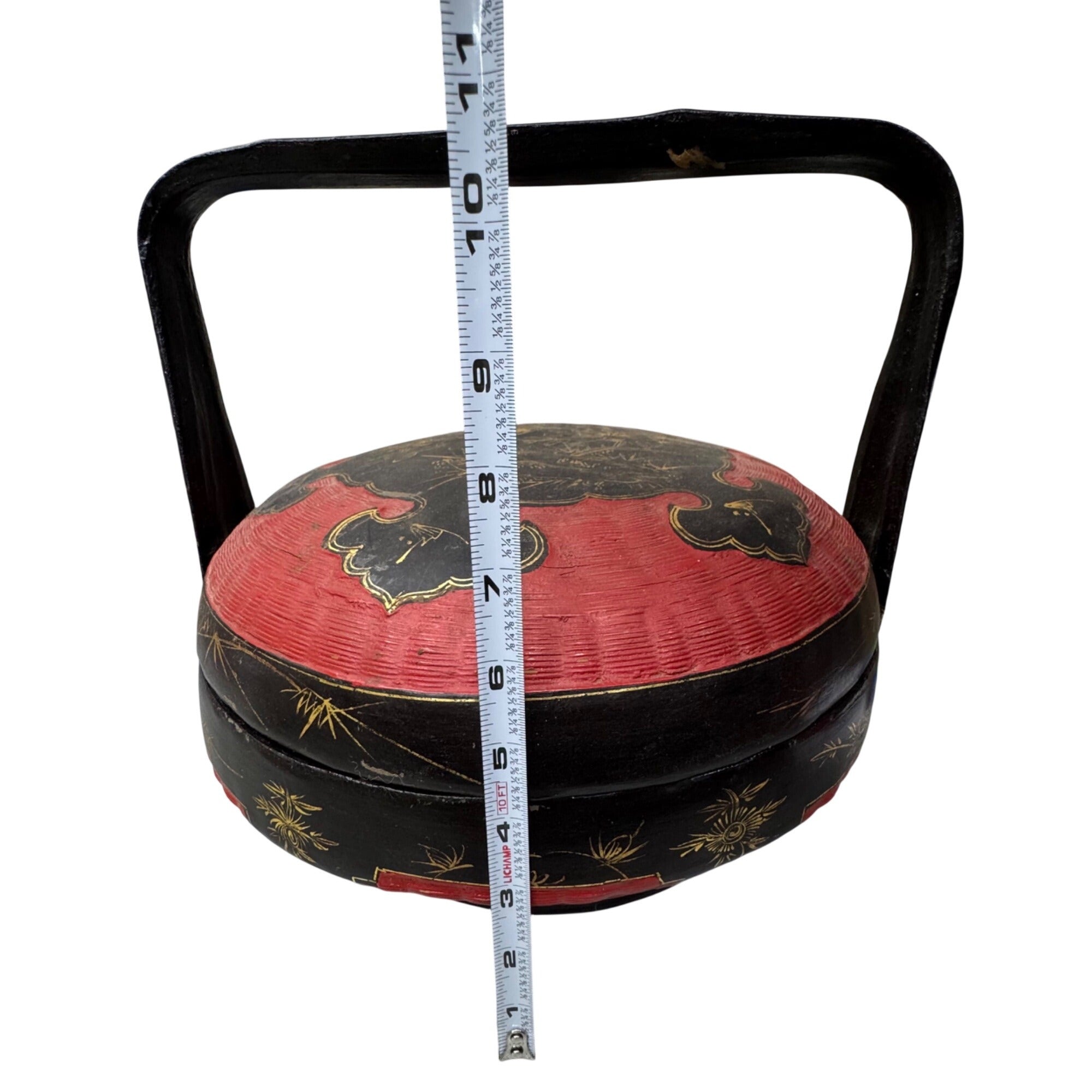 Antique Chinese Peranakan Wedding Basket Hand Painted Black Lacquer Red Bamboo