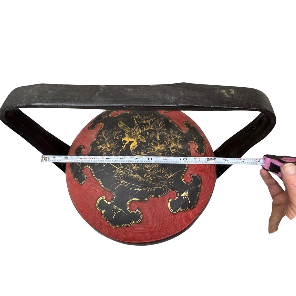 Antique Chinese Peranakan Wedding Basket Hand Painted Black Lacquer Red Bamboo