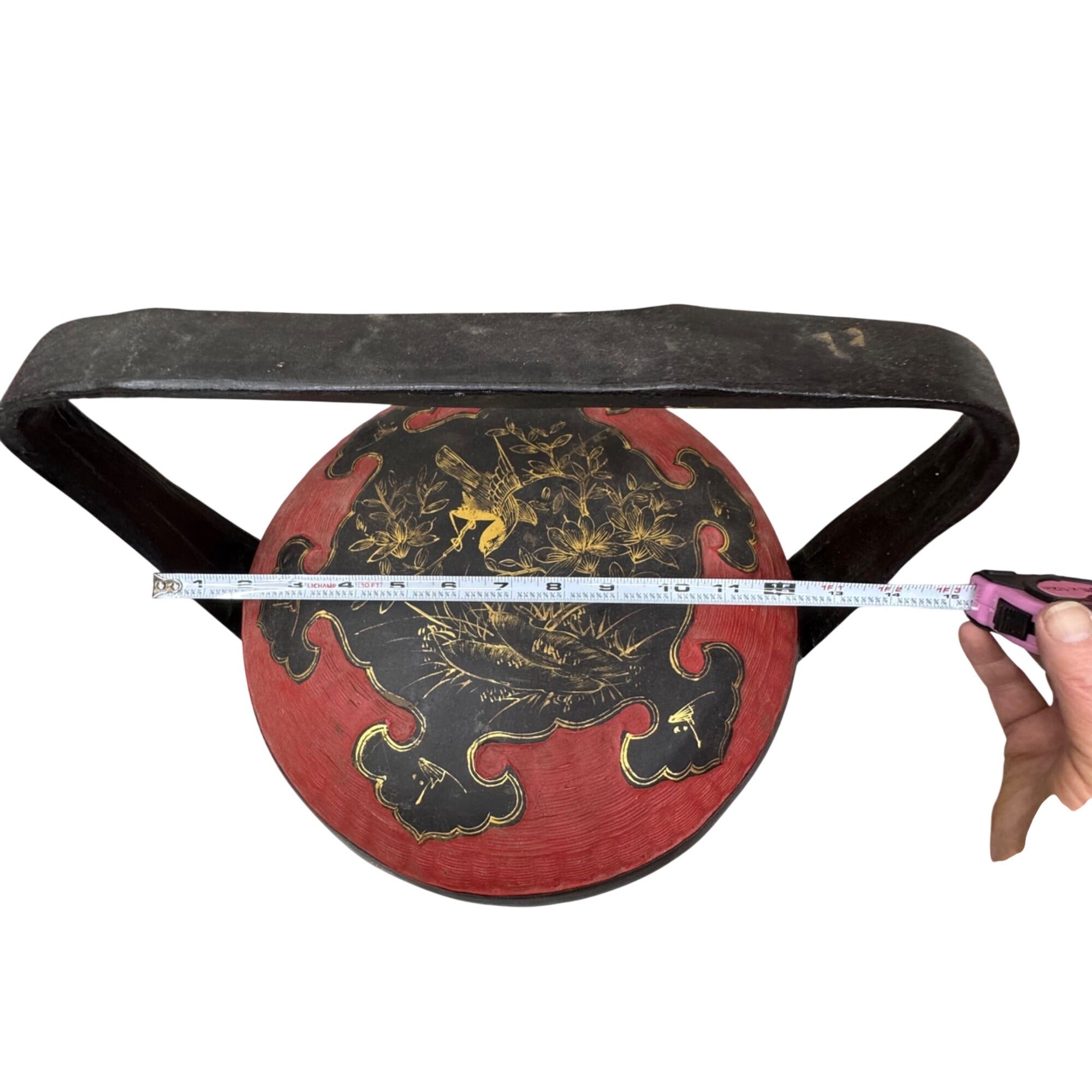 Antique Chinese Peranakan Wedding Basket Hand Painted Black Lacquer Red Bamboo